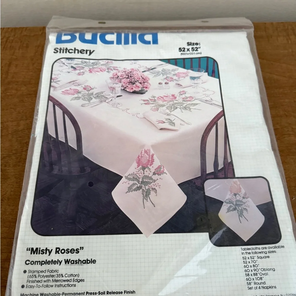Bucilla Stitchery Pink Floral Table Linens Dining Set 52X52 New in Packaging